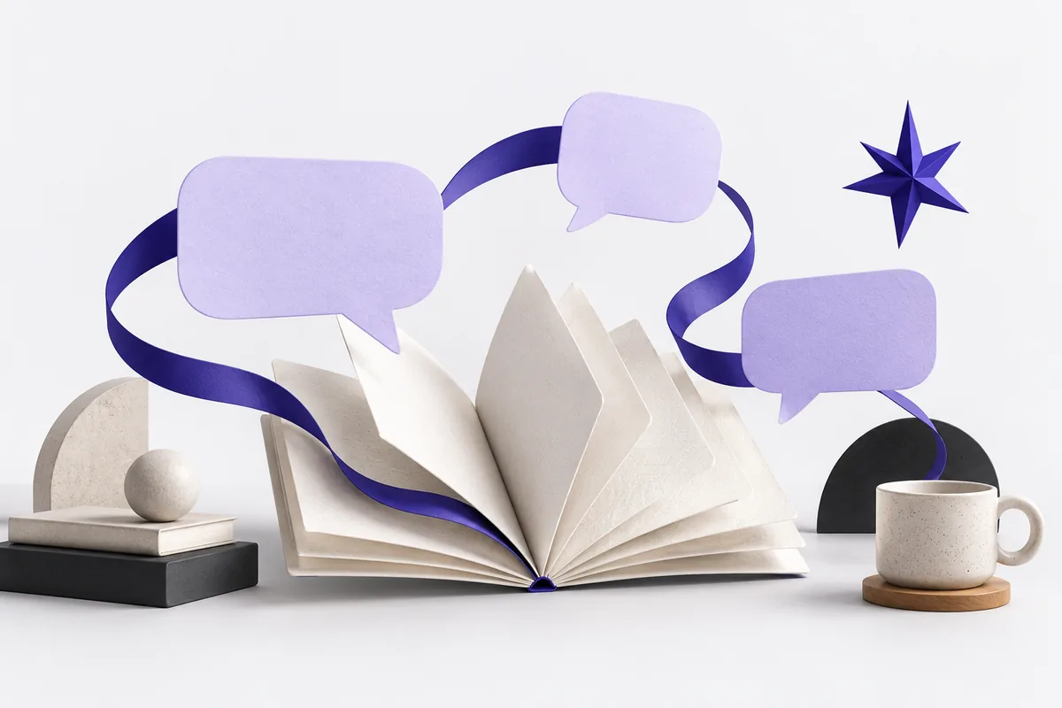 Открытая книга и бумажные облака диалога